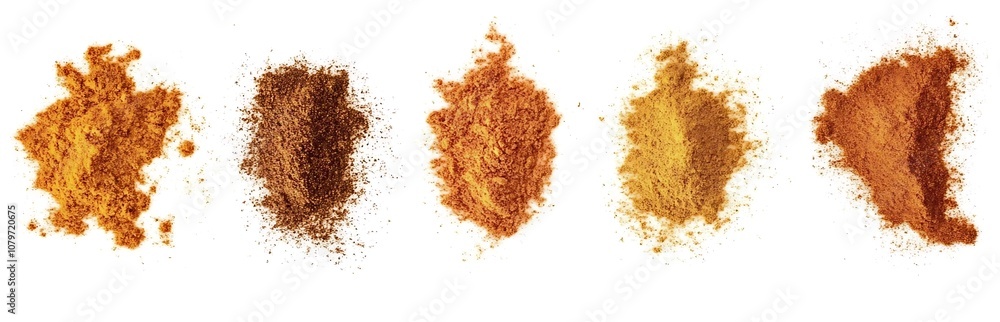 White background, set spices pile, oregano, red paprika powder, turmeric, cinnamon, ginger White background, set spices pile, oregano, red paprika powder, turmeric, cinnamon, ginger