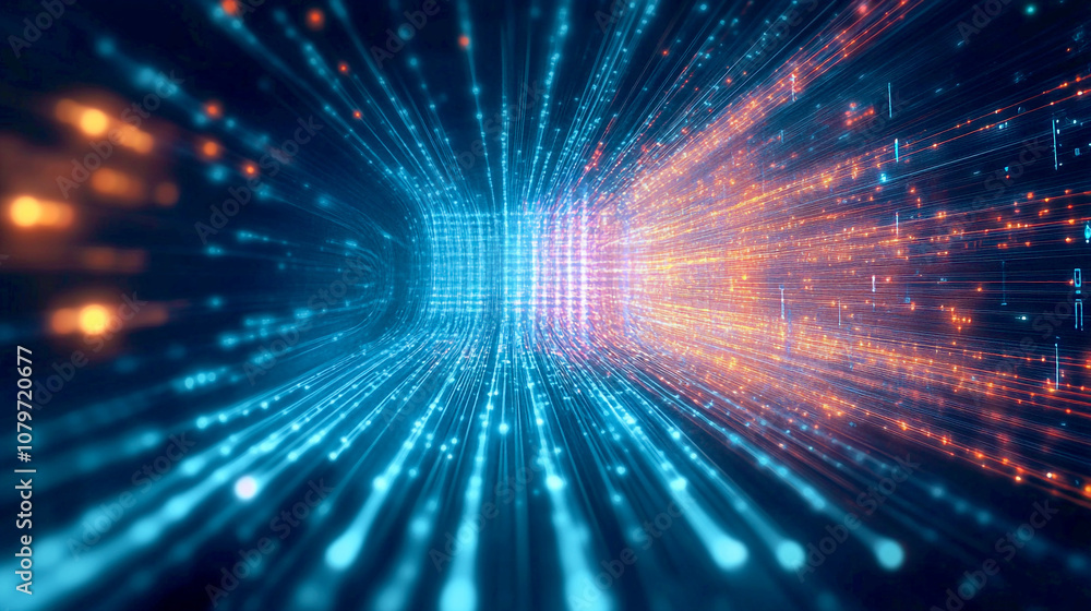 Futuristic technology design of rapid data and light movement with glowing blue and orange rays and dynamic explosions
Futuristic technology design of rapid data and light movement with glowing blue and orange rays and dynamic explosions