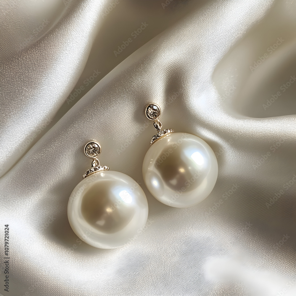 Pearl earrings on a white silk background Pearl earrings on a white silk background