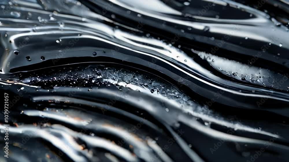 Close-up of a sleek, wavy black surface with reflective textures and scattered water droplets, highlighting a luxurious, liquid-like appearance. Close-up of a sleek, wavy black surface with reflective textures and scattered water droplets, highlighting a luxurious, liquid-like appearance.