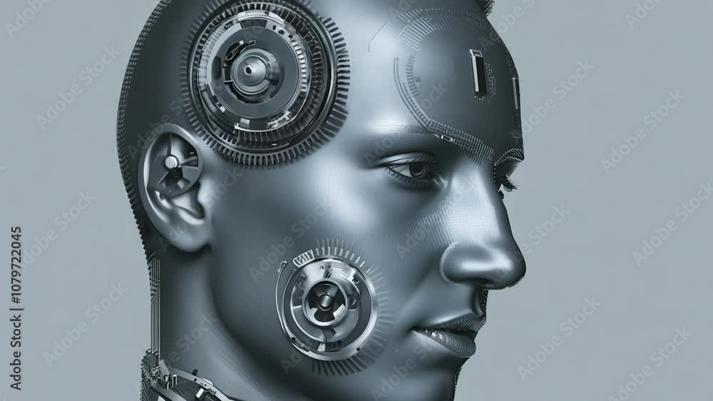 Humanoid Robot: A close-up of a humanoid robot's head, showcasing intricate gears and metallic features. The image evokes a sense of futuristic technology, artificial intelligence. Humanoid Robot: A close-up of a humanoid robot's head, showcasing intricate gears and metallic features. The image evokes a sense of futuristic technology, artificial intelligence.