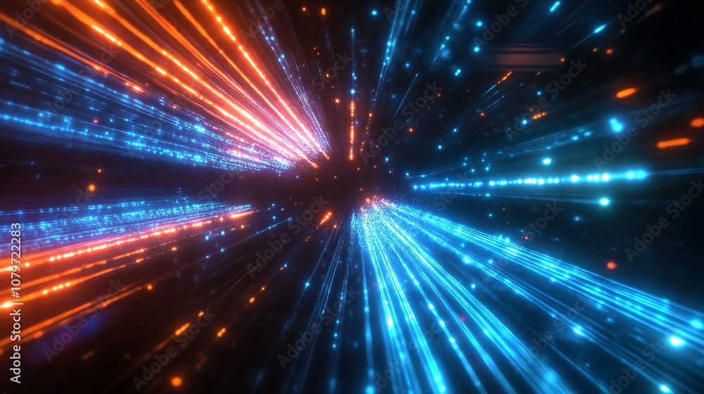 Futuristic technology design of rapid data and light movement with glowing blue and orange rays and dynamic explosions
Futuristic technology design of rapid data and light movement with glowing blue and orange rays and dynamic explosions