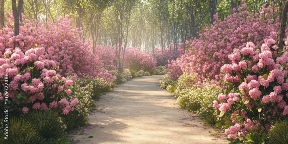 Pathway lined with blooming azaleas in a botanical garden Pathway lined with blooming azaleas in a botanical garden