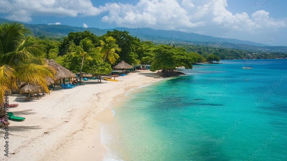 Fototapeta premium Pristine white sand beach with crystal clear blue water and palm trees on a tropical island.