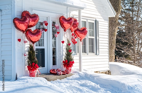 A classic house decorated for Valentine's Day with heart-shaped balloons and red accents, showcasing the front porch with white railings adorned in pink ribbons and bows