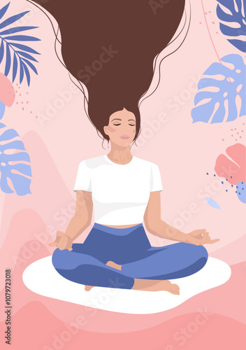 young woman sitting in the lotus position on the pink abstract background,  poster or banner for yoga centre, studio, interior, advertisement, template, vector