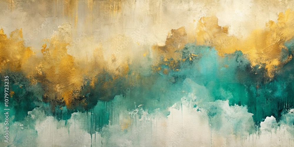 Fototapeta premium Abstract Canvas Painting with Dripping Teal and Gold Hues