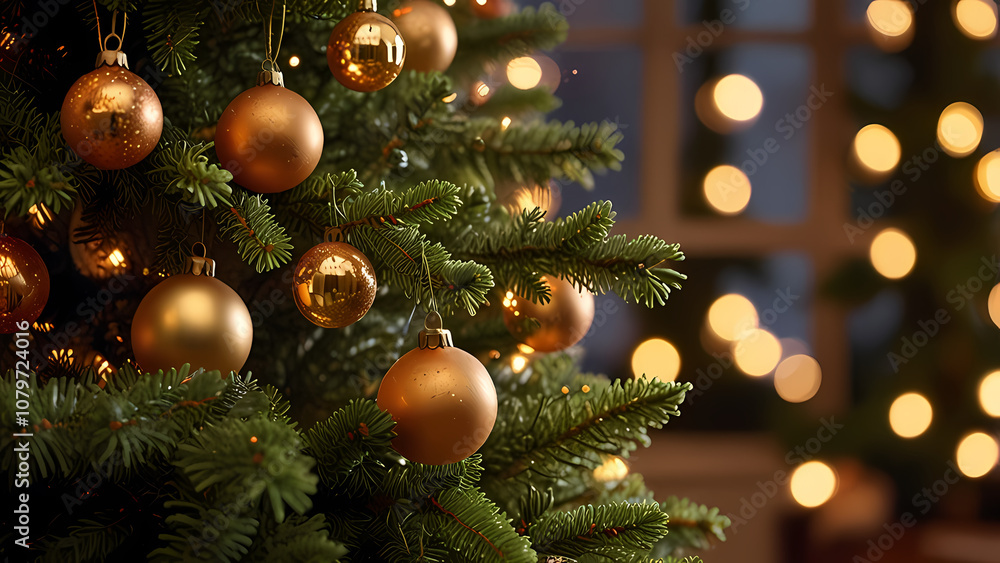 close-up image of a Christmas tree illuminated by the warm glow of sunset light streaming through a nearby window close-up image of a Christmas tree illuminated by the warm glow of sunset light streaming through a nearby window