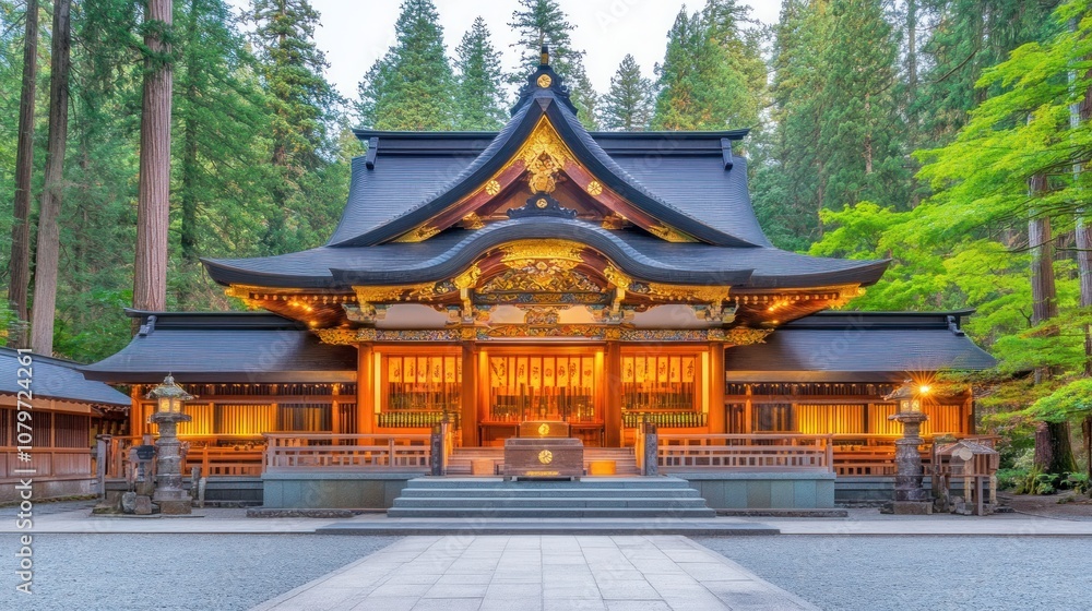 Fototapeta premium A serene traditional Japanese shrine surrounded by lush greenery, illuminated at dusk.