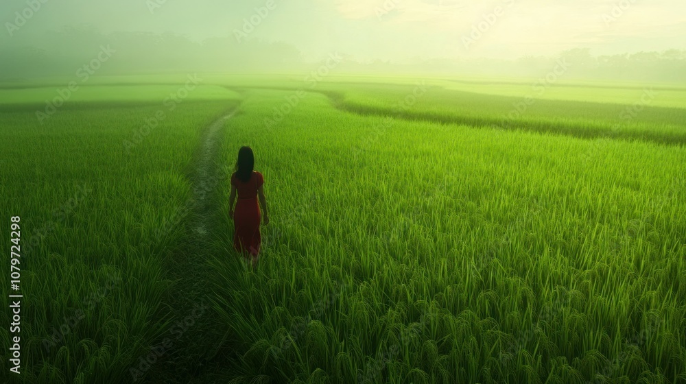 Woman farmer model walking in a green rural rice field in the morning background wallpaper AI generated image Woman farmer model walking in a green rural rice field in the morning background wallpaper AI generated image