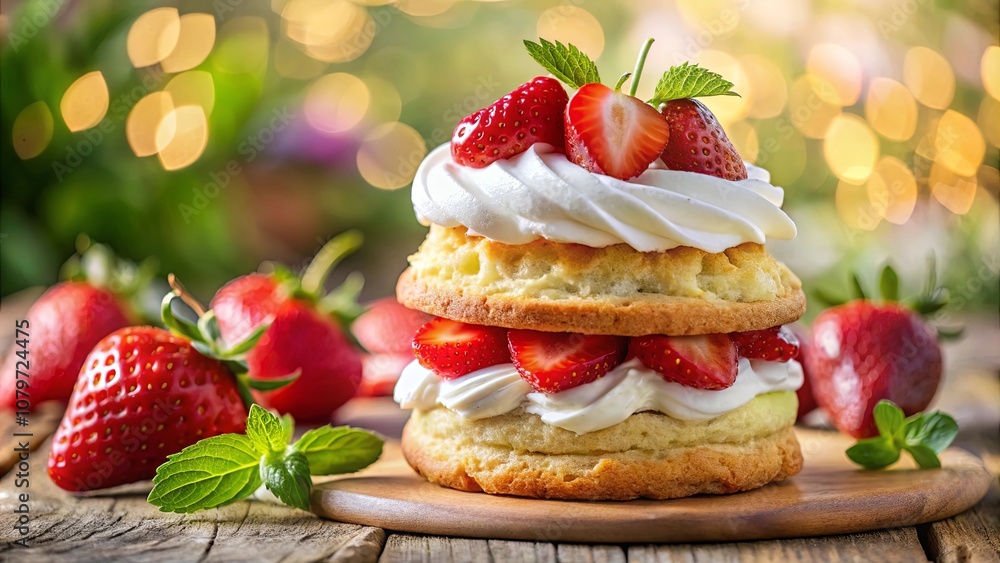 A Creamy Strawberry Shortcake Delight with Fresh Fruit and Whipped Cream on a Rustic Wooden Table A Creamy Strawberry Shortcake Delight with Fresh Fruit and Whipped Cream on a Rustic Wooden Table