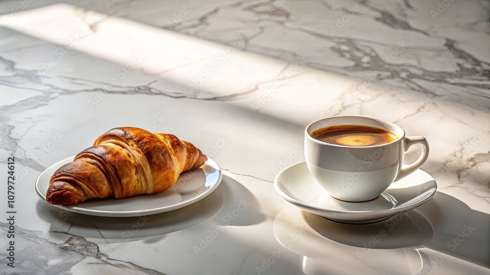 A Simple Morning Delicacy A Freshly Baked Croissant on a White Plate and a Cup of Aromatic Coffee on a Marble Surface A Simple Morning Delicacy A Freshly Baked Croissant on a White Plate and a Cup of Aromatic Coffee on a Marble Surface