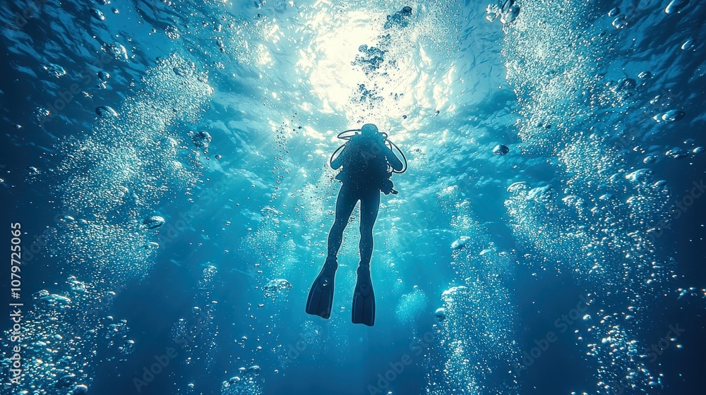 Underwater scene of a diver surrounded by bubbles in clear blue water, vivid details on bubbles, soft lighting, high realism Underwater scene of a diver surrounded by bubbles in clear blue water, vivid details on bubbles, soft lighting, high realism
