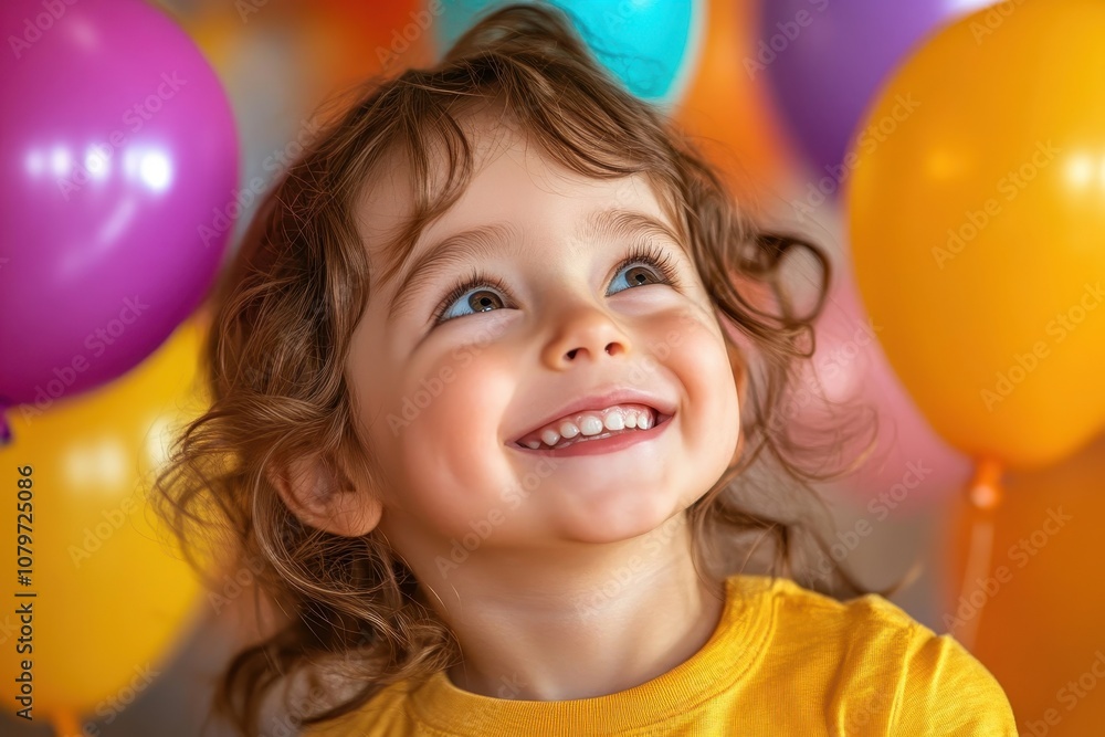 Joyful child with curly hair smiling among colorful balloons. The vibrant setting creates a warm and cheerful atmosphere. Joyful child with curly hair smiling among colorful balloons. The vibrant setting creates a warm and cheerful atmosphere.