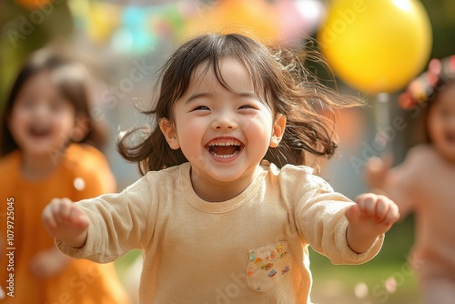 Joyful child running with friends at outdoor party, surrounded by colorful balloons and sunlight. photo