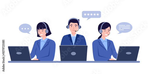 Call center customer service hotline operators flat vector illustration.