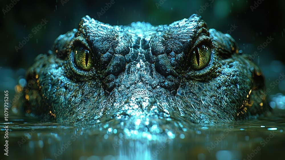 Fototapeta premium Close-up of a crocodiles head in murky water, intense eyes, lifelike texture on its scales, moody lighting 