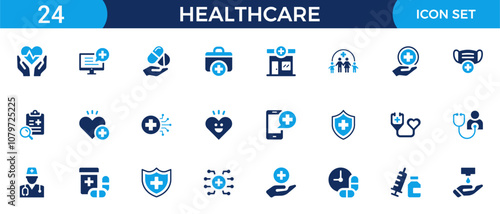 Healthcare icon set. Containing treatment, prevention, medical, health, diagnosis, report, illness, injury and more. Solid vector icons collection.