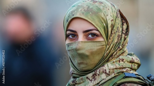 Muslim woman only soldier wear headscarves combat equipment vests background wallpaper AI generated image photo