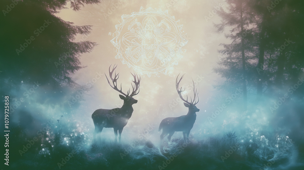 Scene of a Native folklore legend, spirit animals like deer in a dreamlike forest, soft glow and mist surrounding them, ancient symbols and patterns subtly in the background, mystical and sacred mood Scene of a Native folklore legend, spirit animals like deer in a dreamlike forest, soft glow and mist surrounding them, ancient symbols and patterns subtly in the background, mystical and sacred mood