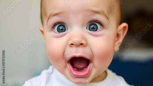 Baby with wide eyes and open mouth, looking surprised. photo