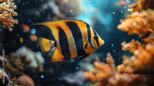 Moorish idol fish with striking black, white, and yellow stripes, swimming around a reef, sharp and lifelike with vibrant clarity photo