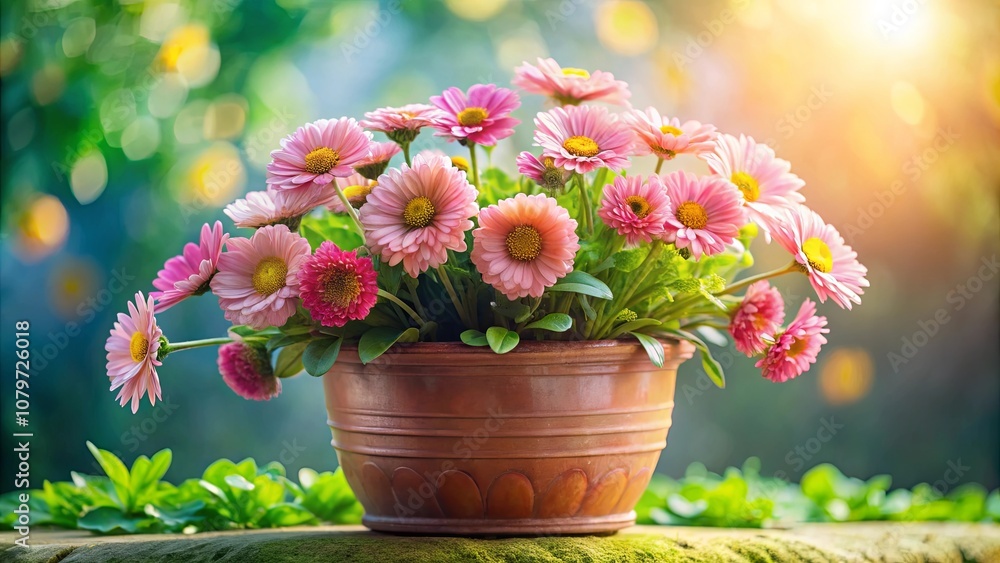 A terracotta pot filled with delicate pink daisies, bathed in warm sunlight, set against a backdrop of vibrant green foliage and blurred bokeh A terracotta pot filled with delicate pink daisies, bathed in warm sunlight, set against a backdrop of vibrant green foliage and blurred bokeh