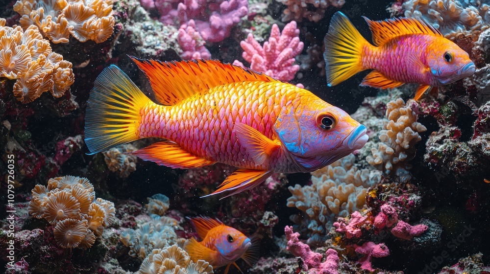 Vibrant parrotfish feeding on coral, intricate textures and bright colors, close-up with clear detail and lifelike lighting Vibrant parrotfish feeding on coral, intricate textures and bright colors, close-up with clear detail and lifelike lighting