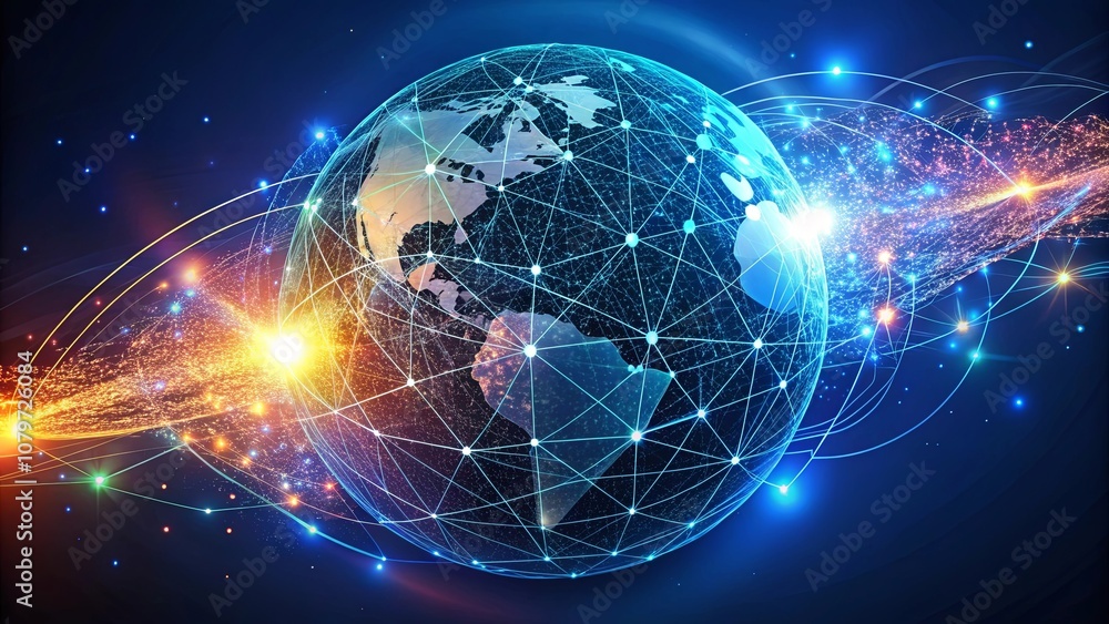 A glowing globe with interconnected lines and data points, representing global communication and network connectivity. A glowing globe with interconnected lines and data points, representing global communication and network connectivity.