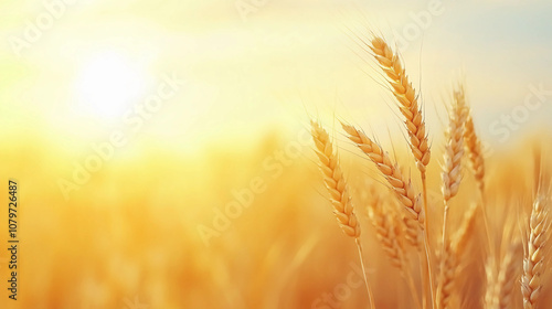 Golden wheat field at sunrise with warm sunlight, symbolizing harvest and abundance.