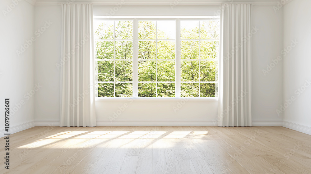 Bright empty room with large window and white curtains overlooking green trees, perfect for interior design concepts. Bright empty room with large window and white curtains overlooking green trees, perfect for interior design concepts.