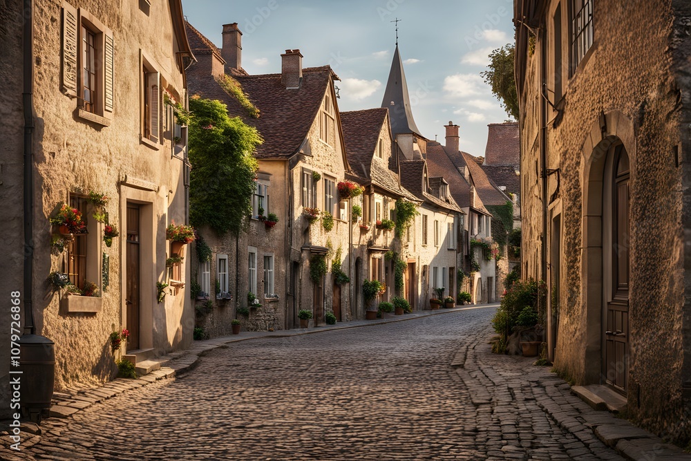 Fototapeta premium Empty cobblestone street in a quaint european village soft afternoon light, Ai Generated