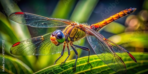 A Brachythemis Leucosticta dragonfly takes flight, a breathtaking image of African wildlife captured through aerial photography. photo