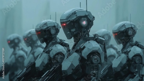 Cyberpunk military army robot squad future advanced technology modern humanoid background wallpaper AI generated image