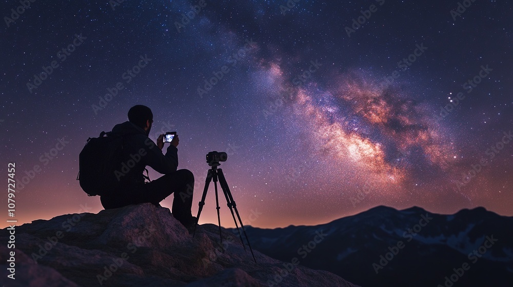 A photographer taking stunning images of the Milky Way during an overnight camping trip. A photographer taking stunning images of the Milky Way during an overnight camping trip.