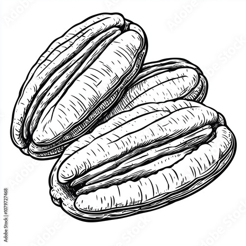 Simple line drawing of a  pecans on a white background, 
