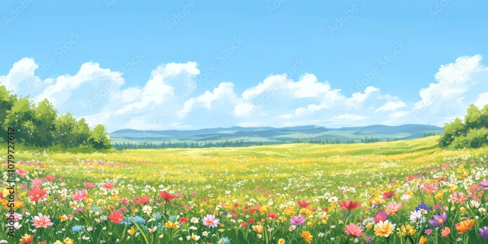A wildflower meadow in spring with colorful blooms under a blue sky A wildflower meadow in spring with colorful blooms under a blue sky