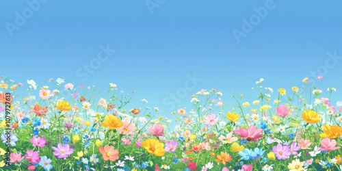 Fototapeta Naklejka Na Ścianę i Meble -  A wildflower meadow in spring with colorful blooms under a blue sky