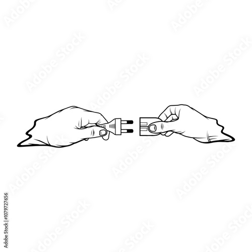 left hand plugs the male plug into the female plug black and white vector line art
