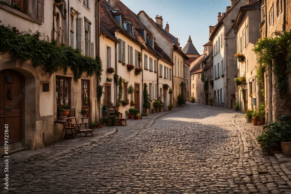 Empty cobblestone street in a quaint european village soft afternoon light, Ai Generated