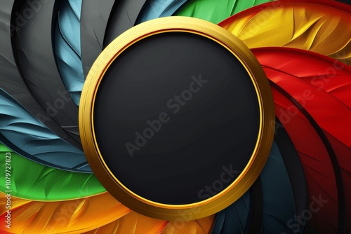 Abstract Black Background with Rasta Colors and Gold Circular Frame