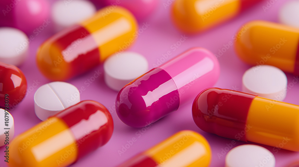 close up of colorful pharmaceutical pills and capsules on pink background, showcasing various shapes and sizes. vibrant colors create engaging visual close up of colorful pharmaceutical pills and capsules on pink background, showcasing various shapes and sizes. vibrant colors create engaging visual