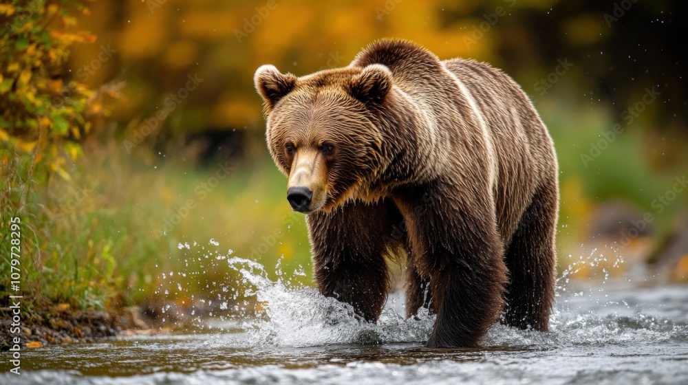 Brown Bear Wading Through Water in Autumn Forest Brown Bear Wading Through Water in Autumn Forest