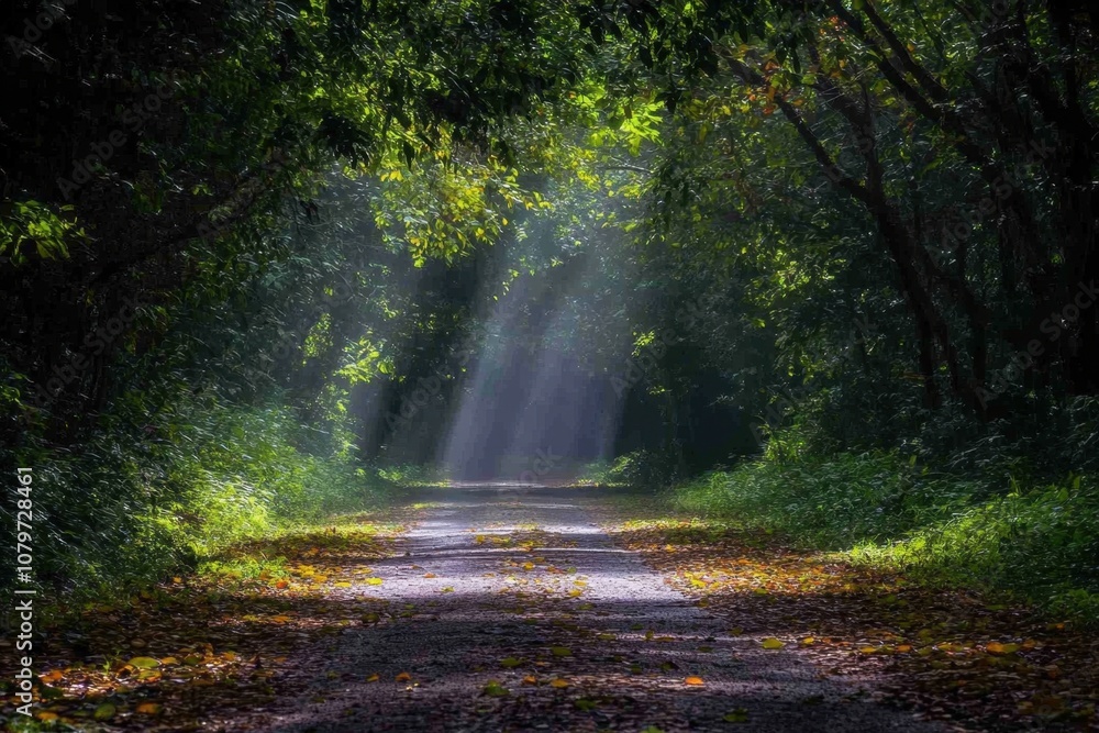 Sunbeams illuminate a path through a lush green forest. Sunbeams illuminate a path through a lush green forest.