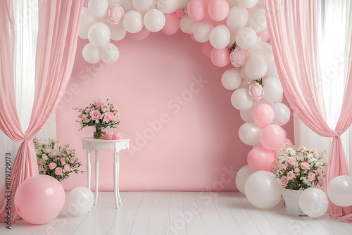 A light pink wall with white curtains and balloons in the background, with an empty table for photography. The backdrop is a photo studio with pink balloons