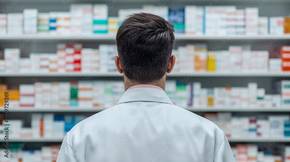 pharmacist in white coat stands in front of shelf filled with various medications, showcasing modern pharmacy environment. focus is on professional setting and array of pharmaceutical products pharmacist in white coat stands in front of shelf filled with various medications, showcasing modern pharmacy environment. focus is on professional setting and array of pharmaceutical products