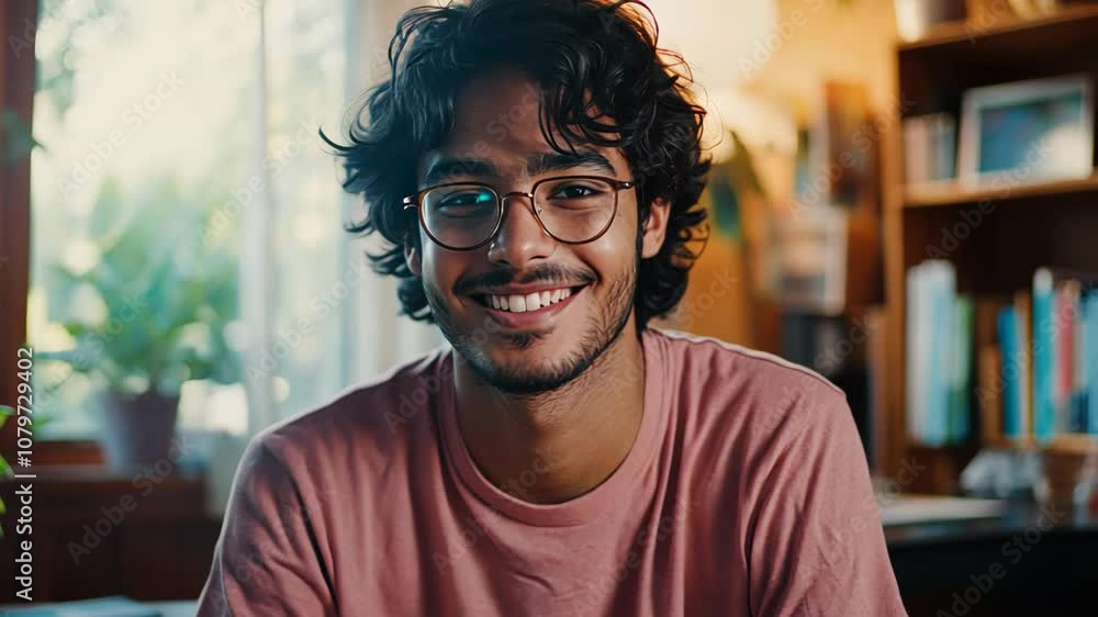 handsome young Indian man smiling with confident at school dormitory bedroom, College life handsome young Indian man smiling with confident at school dormitory bedroom, College life