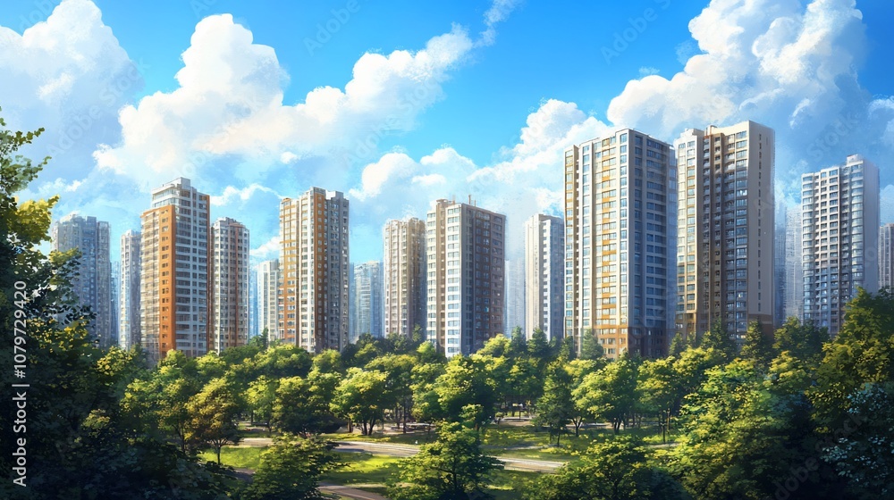 Obraz premium A cityscape with tall buildings and lush green trees in the foreground under a bright blue sky with white fluffy clouds.