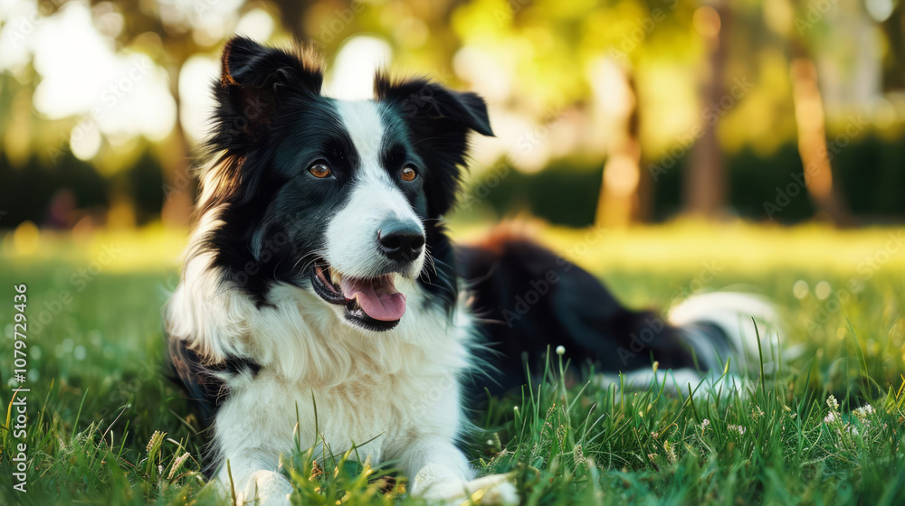 playful border collie resting on grassy field under bright sky playful border collie resting on grassy field under bright sky