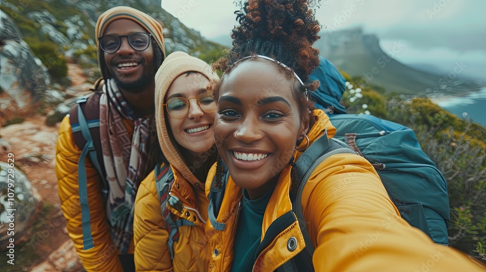 Three Friends Smiling for a Selfie While Hiking in the Mountains Three Friends Smiling for a Selfie While Hiking in the Mountains